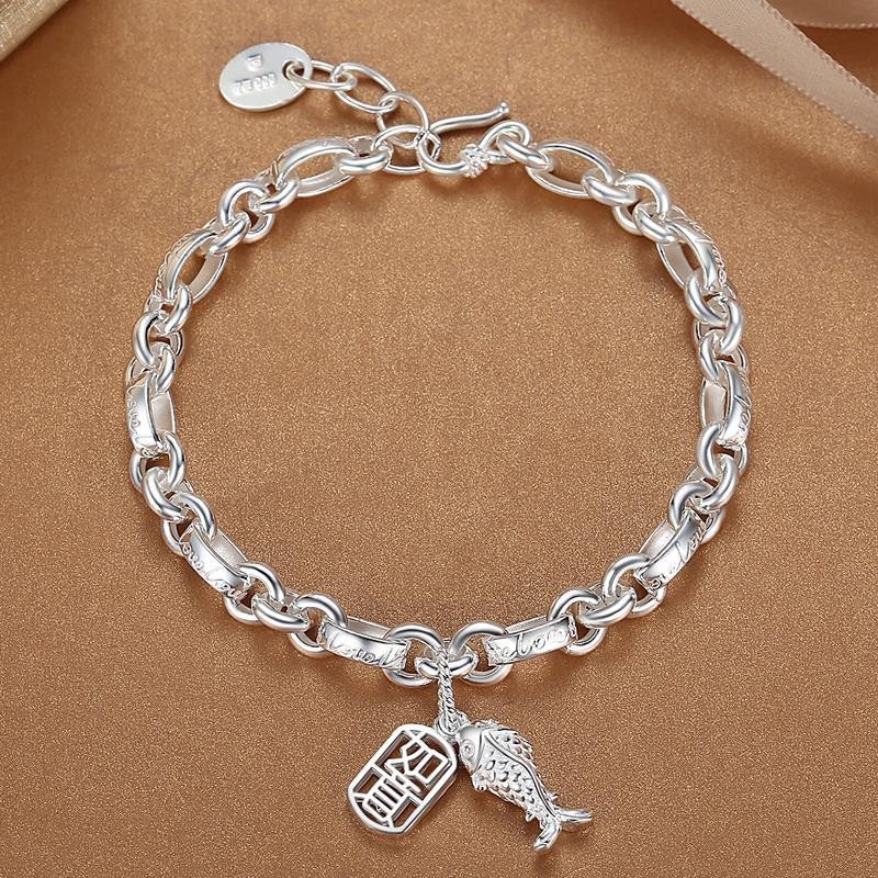 Silver Bracelet Women999Pure Silver Ruyi Koi Fish Bracelet Ethnic Style Love Lock Birthday Gift Pure