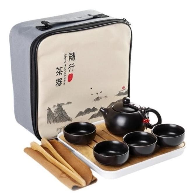 Chinese Tea Pot Set Ceramik 4 Cup Tray Set Travel Bag Complete Tataka