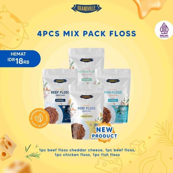 

4Pc Grandville Abon Mix Variant Sapi CHEDDAR CHEESE [1Pc], AYAM [1Pc], IKAN [1Pc], SAPI [1Pc] - Non Msg Gluten Free