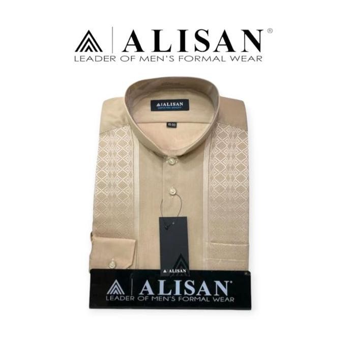 Kemeja Alisan Koko Bordir Coklat Muda Lengan Panjang