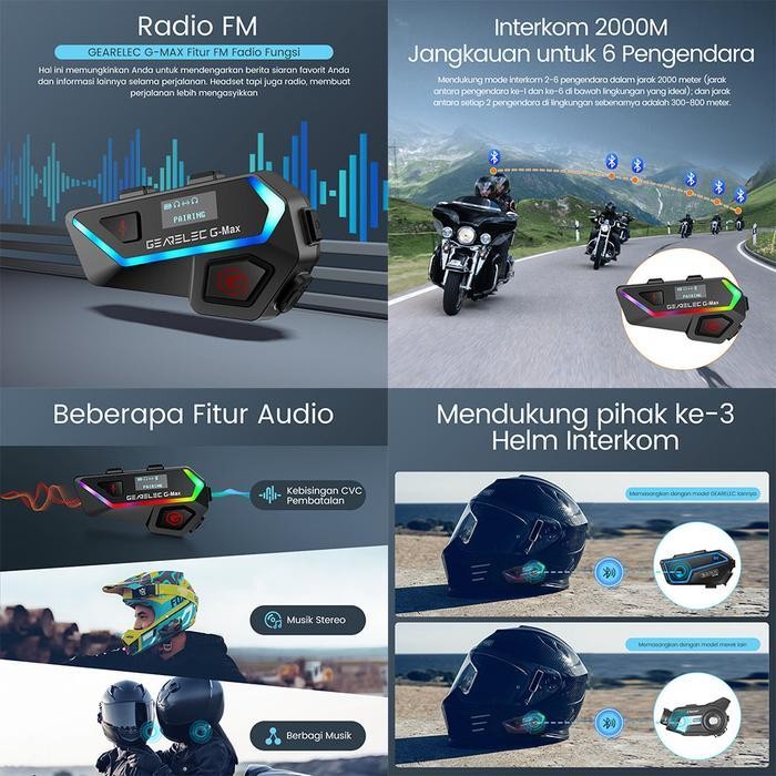 G-Max Bluetooth Headset Helm Sepeda Motor 6 Orang Intercom 2000M Original Dan Terpercaya