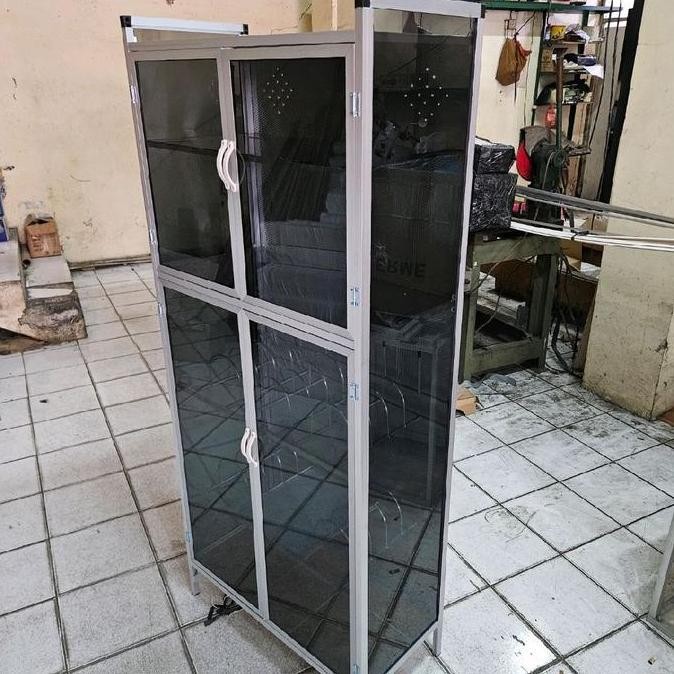 rak piring lemari piring aluminium kaca 2 pintu