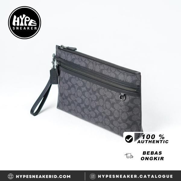 LCT Tas COACH MONOGRAM LINE BLACK ZIP CLUTCH WITH HANDLE 100% ORIGINAL