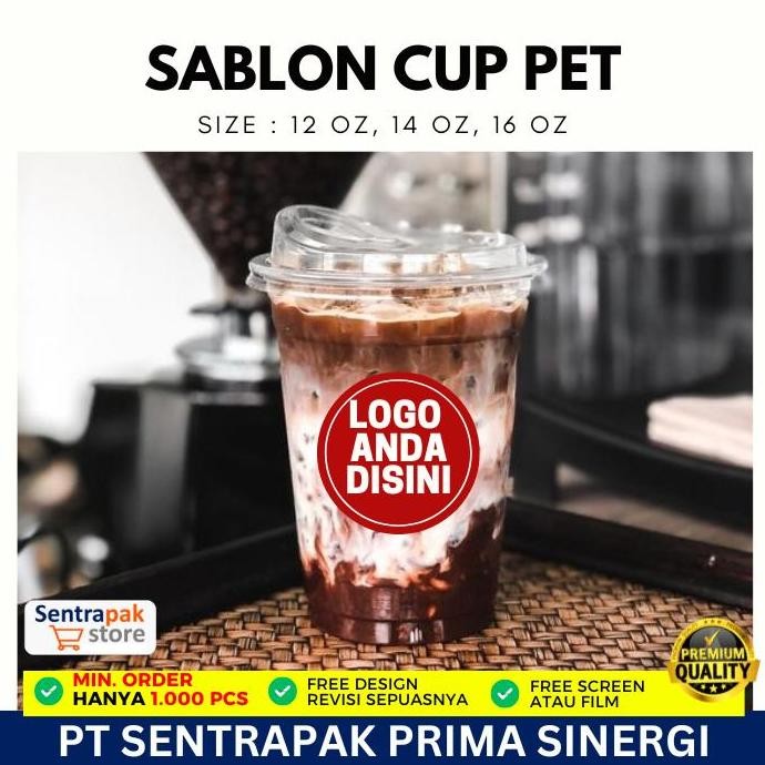 Sablon Cup Bening Pet 12 Oz, 14 Oz Dan 16 Oz Dengan Tutup Dan Sablon 1 Warna - Plastik