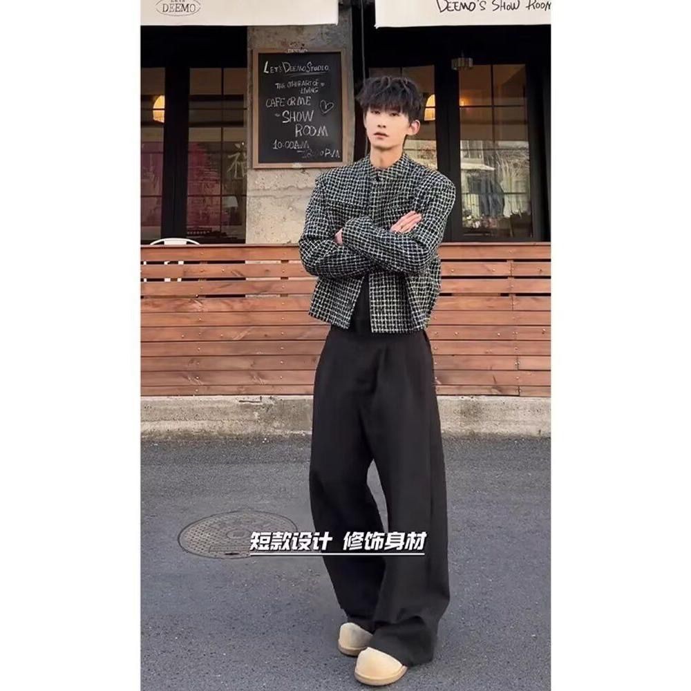 Blazer Gaya Chanel Tweed untuk Pria Jaket Bahu Berlapis Gaya Amerika Oversized