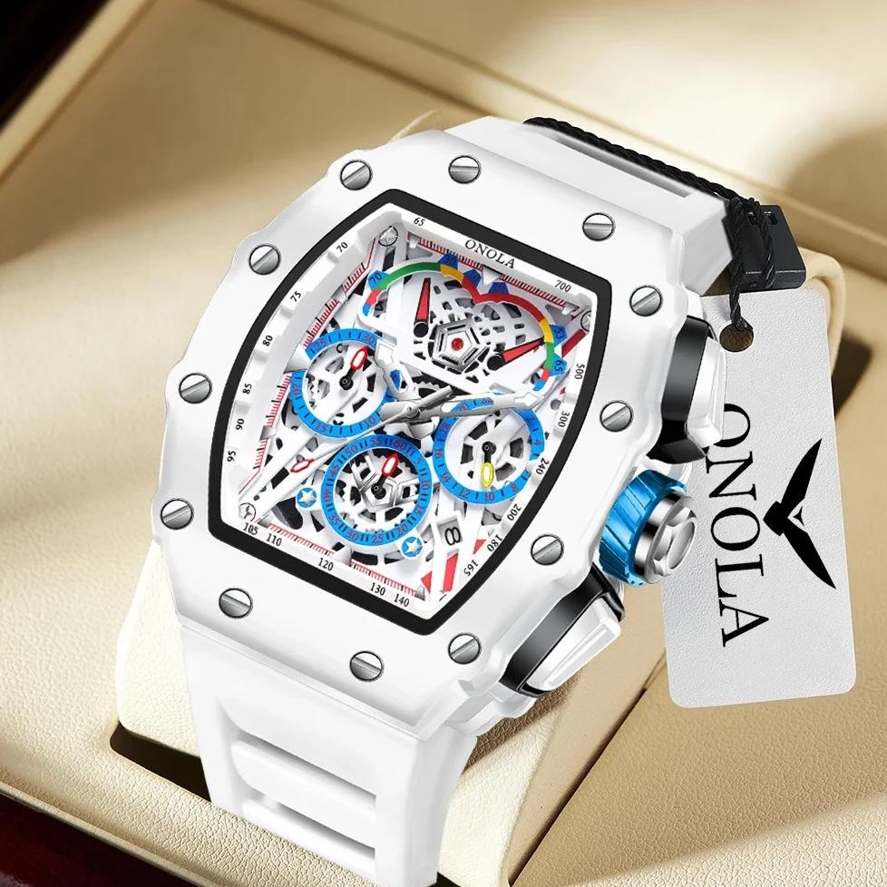 Luxury Watch Men'S Onola Fashion Casual  Multifunctional Silicone Tape Waterproof Quartz Watch White
