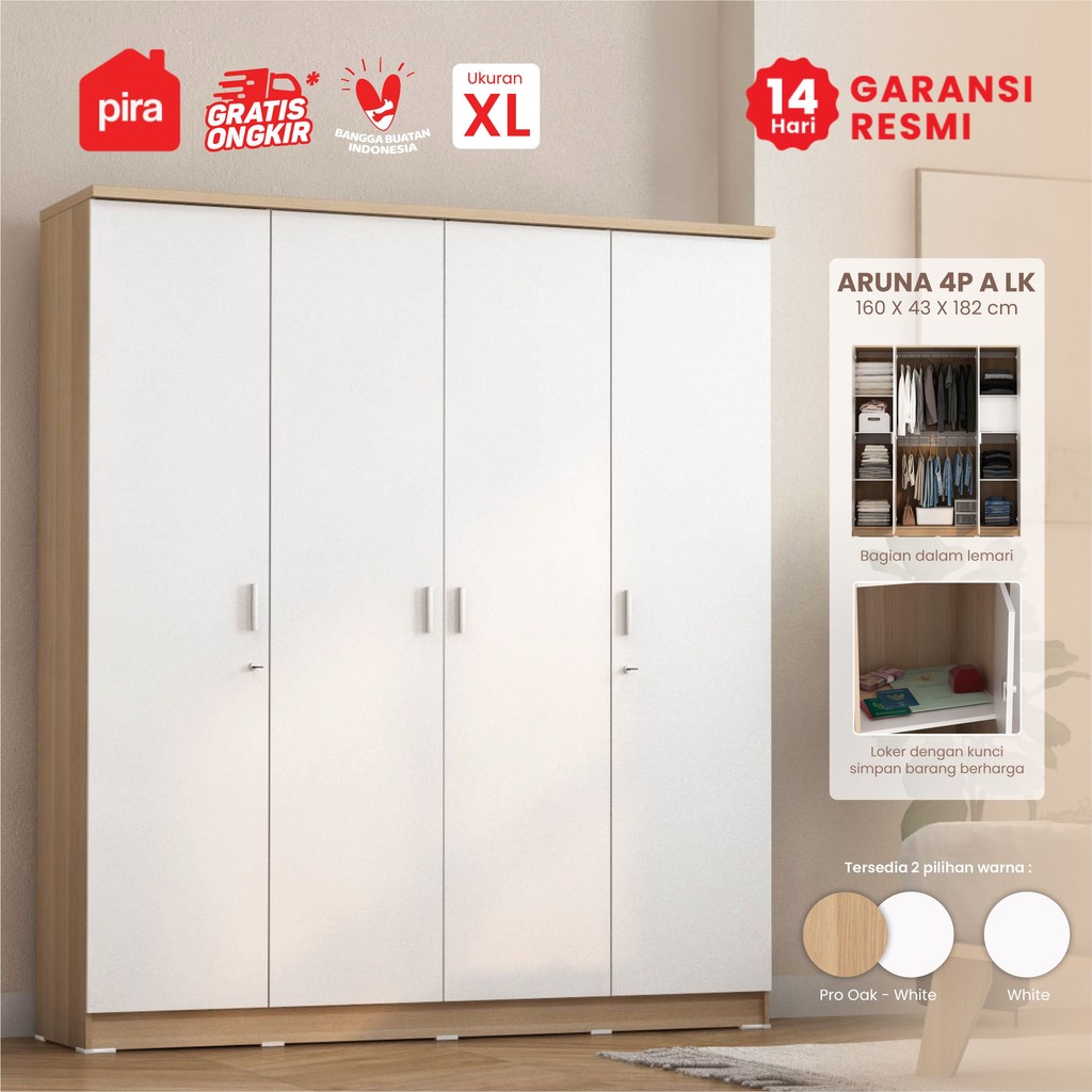 PIRA METROPOLIS OX -  ARUNA 4P A LK Lemari Pakaian 4 Pintu / Lemari Baju dengan Loker Penyimpanan