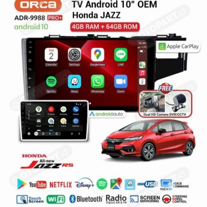 Headunit Android Orca Pro+ DVR 10 Inch Honda Jazz RS GK5