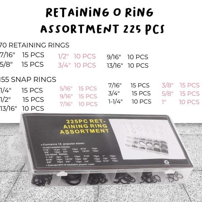 Circlip / External Retaining / Snap Ring Set Isi 225Pcs + Box Co