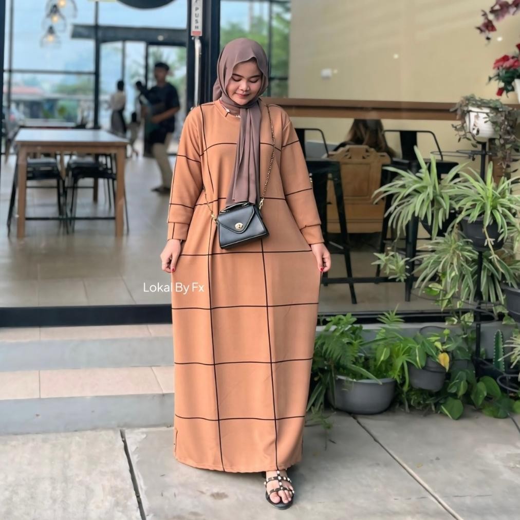 Terbaik Gamis Muslim Knit JPN Motif Salur Kotak Lengan Panjang Rib Terbaru Dress Kondangan 