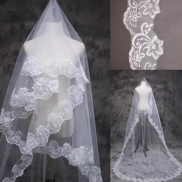 1.5/3M Kerudung Pengantin Panjang Slayer Pengantin Mewah Slayer Pengantin Hijab Veil Putih Veil Prew