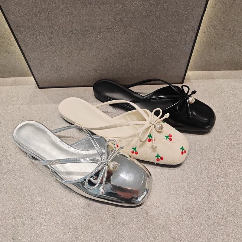 New Pearl Bow Mules for Women, Chanel Style Flat Sandals