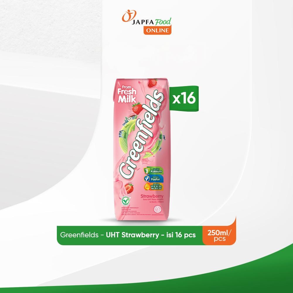 

Greenfields Susu UHT Strawberry 250 ml - isi 16 pcs - 100% Fresh Milk dari Greenfields Farm