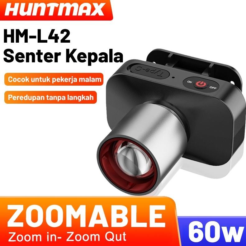 HUNTMAX Senter Kepala Cahaya/Lampu Senter Kepala Fokus & Penyebaran Zoom 60w/800lumen