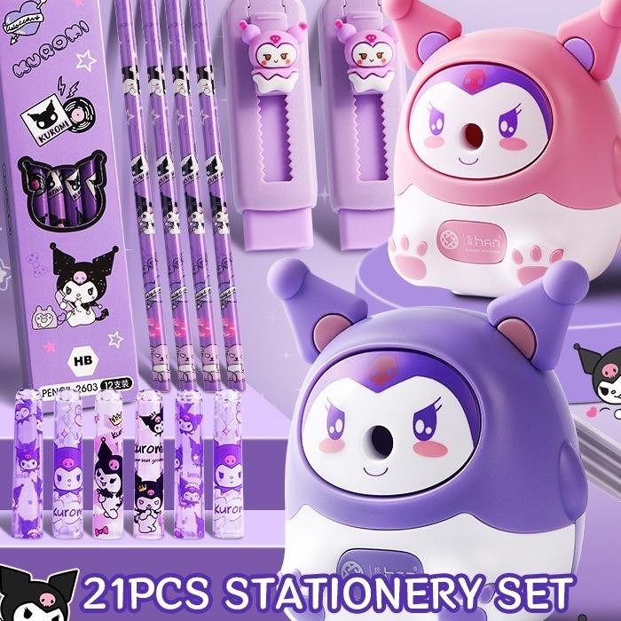 

21Pcs Stationery Pensil Set Cute Kuromi Shaener Eraser Pencil Extender Stationeri Alat Tuli Sekolah