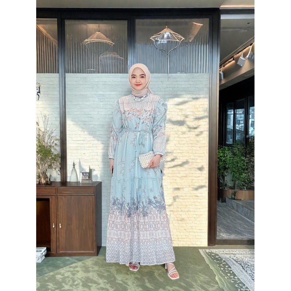 FANMU Gamis Motif Bunga Dress Putih Batik Mewah Wanita Kekinian Biru Panjang Remaja Kondangan Maxi -