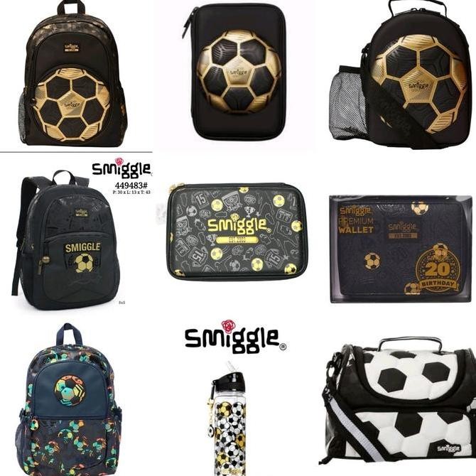 Smiggle Soccer Gold Set Backpack, Lunch Bag, Botol, Trolley/Kado