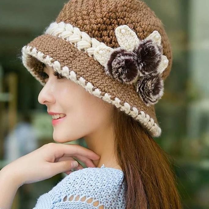 DB65 >> topi wool rajut bunga - topi wanita Import