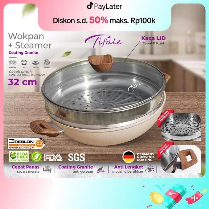 PROMO - [NABUNG4 SEPTEMBER ] Tifale [2IN] Wokpan Diameter 2cm + Glass Lid + Granite Steamer Non Stic
