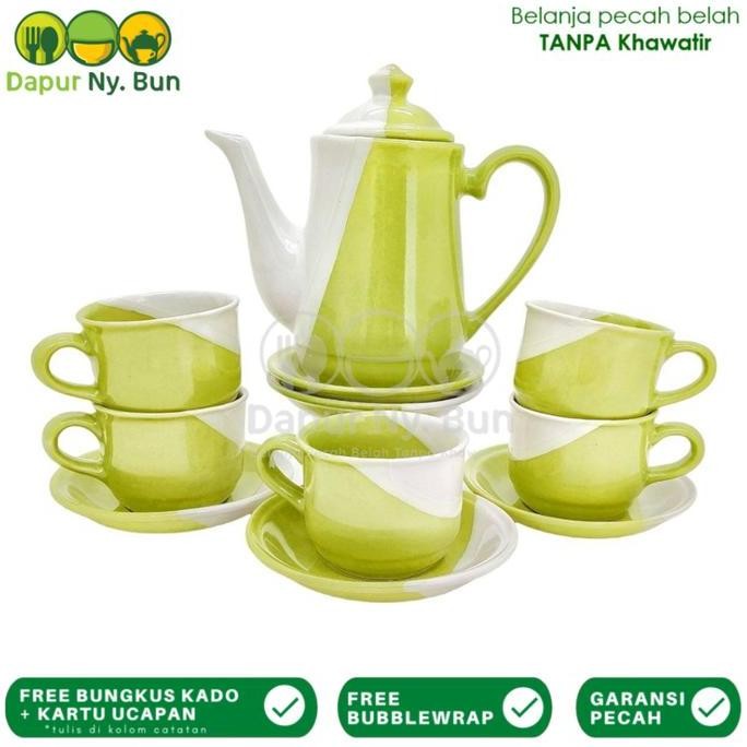 BEBAS ONGKIR - Teko Set Two Tone Ni Keramik Teko Cangkir Tatakan
