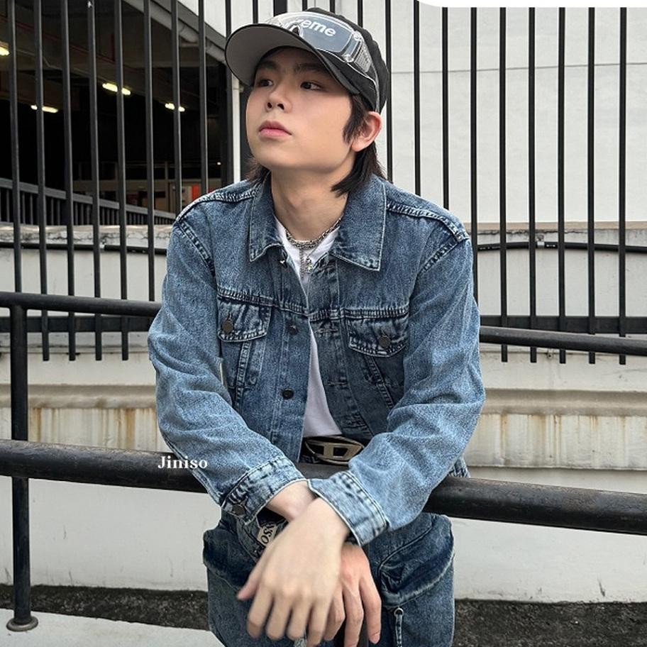 Jiniso Denim Pria Jaket Jeans Oversize Vintage Blue Acid