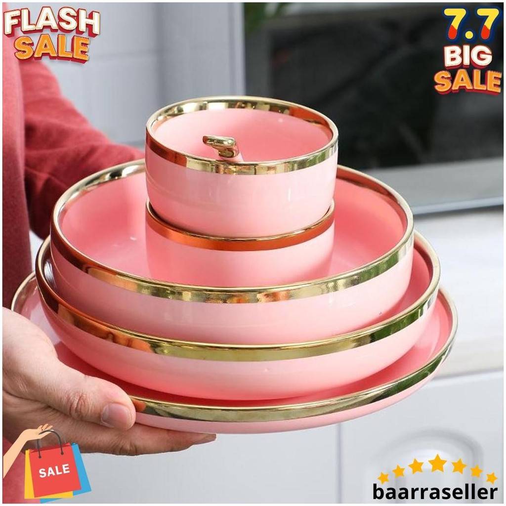 Ashome Piring Makan Keramik Pink Gold / Piring Pink Keramik List Gold / Mangkuk Keramik Pink Gold El