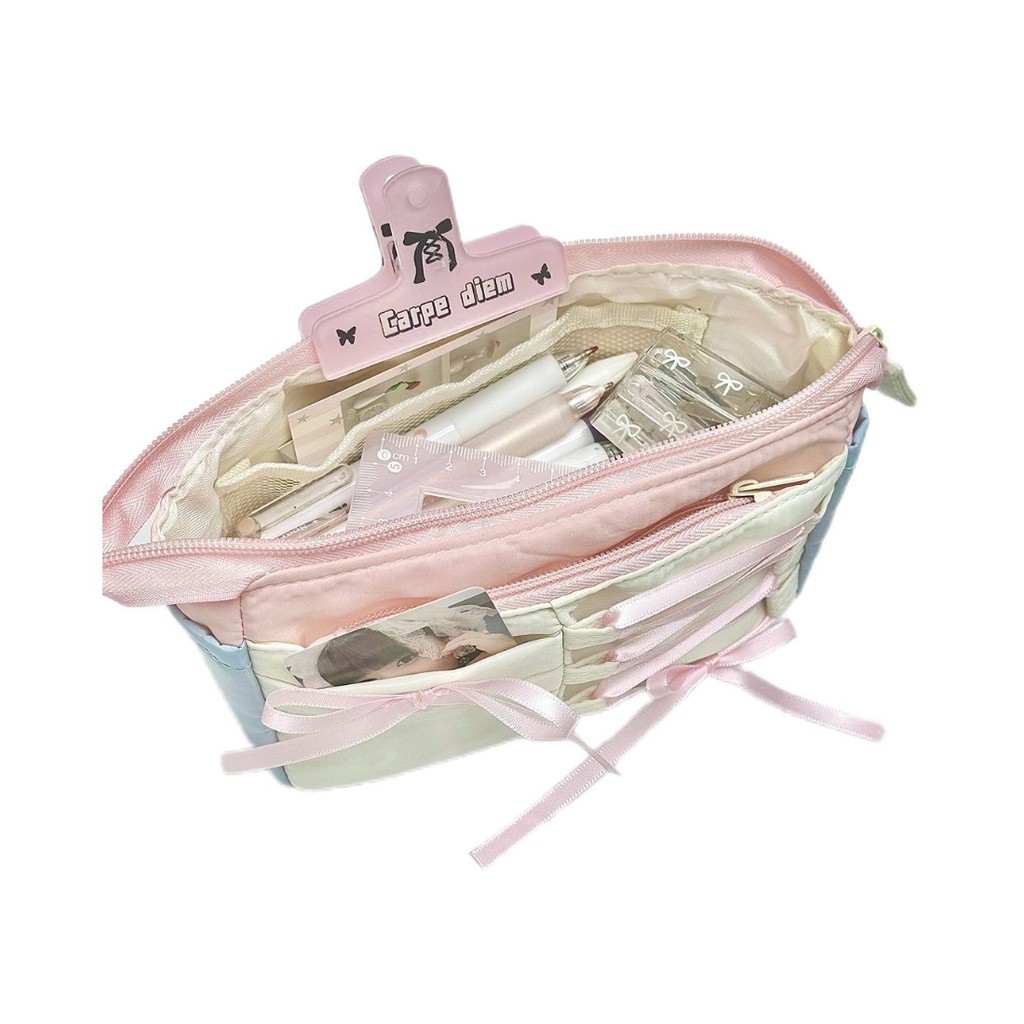 

ins Pink Bow Ribbon Ballet Style Pencil Case Large Capacity High Aesthetic Pencil Stationery Box Layered Storage Bag 5G49