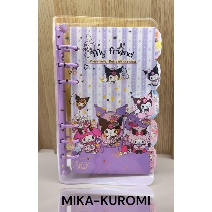 

Ring Book Sanrio Binder Notes A5 Kuromi Cinnamoroll Melody Pompurin Sampul Mika Klip Kancing Akrilik