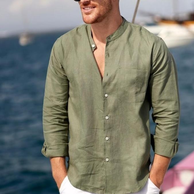 Grosir Remedy Kemeja Linen Pria Lengan Panjang Casual Warna Hijau Kerah Koko Shanghai - Lona Linen S