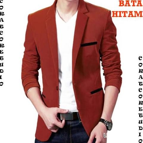 Corat Coret Blazer Cowok Jas Cowok Merah Bata Lis Hitam Katun Stretch
