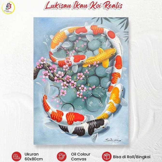 TERLARIS - lukisan ikan koi 9 ekor fengshui