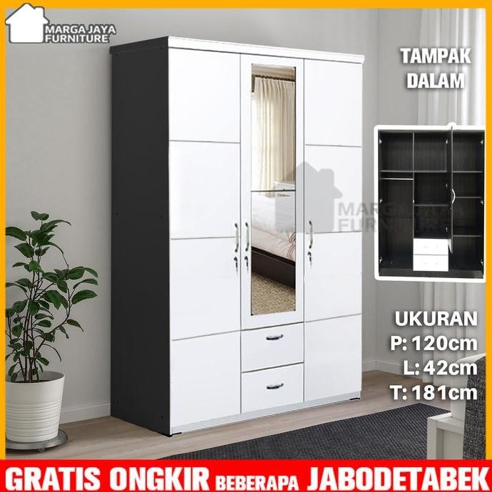 Lemari Pakaian 3 Pintu Minimalis Putih Lemari Baju Hitam Putih dengan Kaca Cermin Lemari Murah Baju 