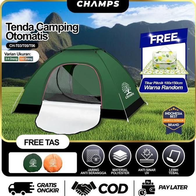 CHAMPS Tenda Camping Kapasitas 35 Orang Dengan Alas Tenda Anti Air Hujan Otomatis Outdoor Indoor Ten
