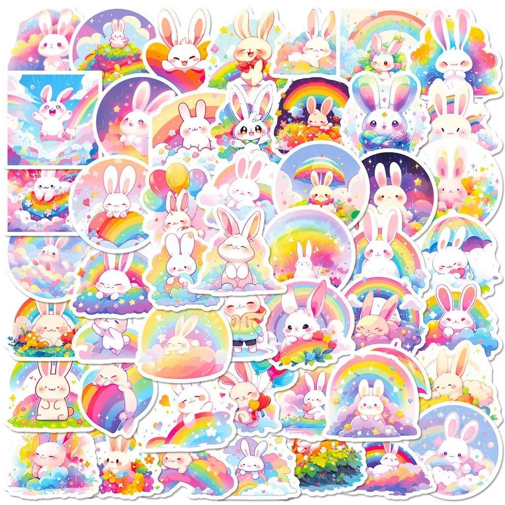 

New 50Pcs Rainbow Cute Rabbit Animal Series Independent Personality Diy Decorative Waterproof Stickers Luggage Kettle Label