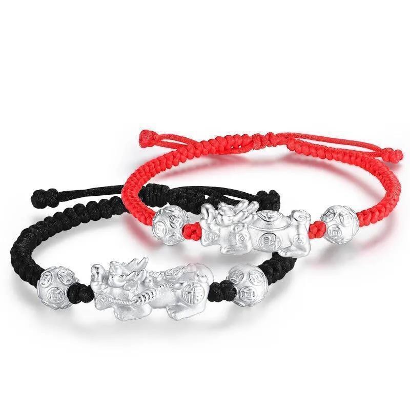 999Gelang Pixiu Perak Murni Unisex Tali Hitam Merah Tenun Tangan Tahun Zodiak Perak Penuh Menarik Ke