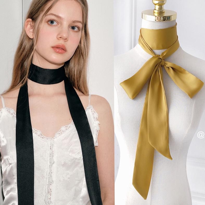 Silk Scarf Multifungsi Wanita Syal Kecil Polos Panjang untuk Leher, Rambut, Pinggang, atau Tas DiM