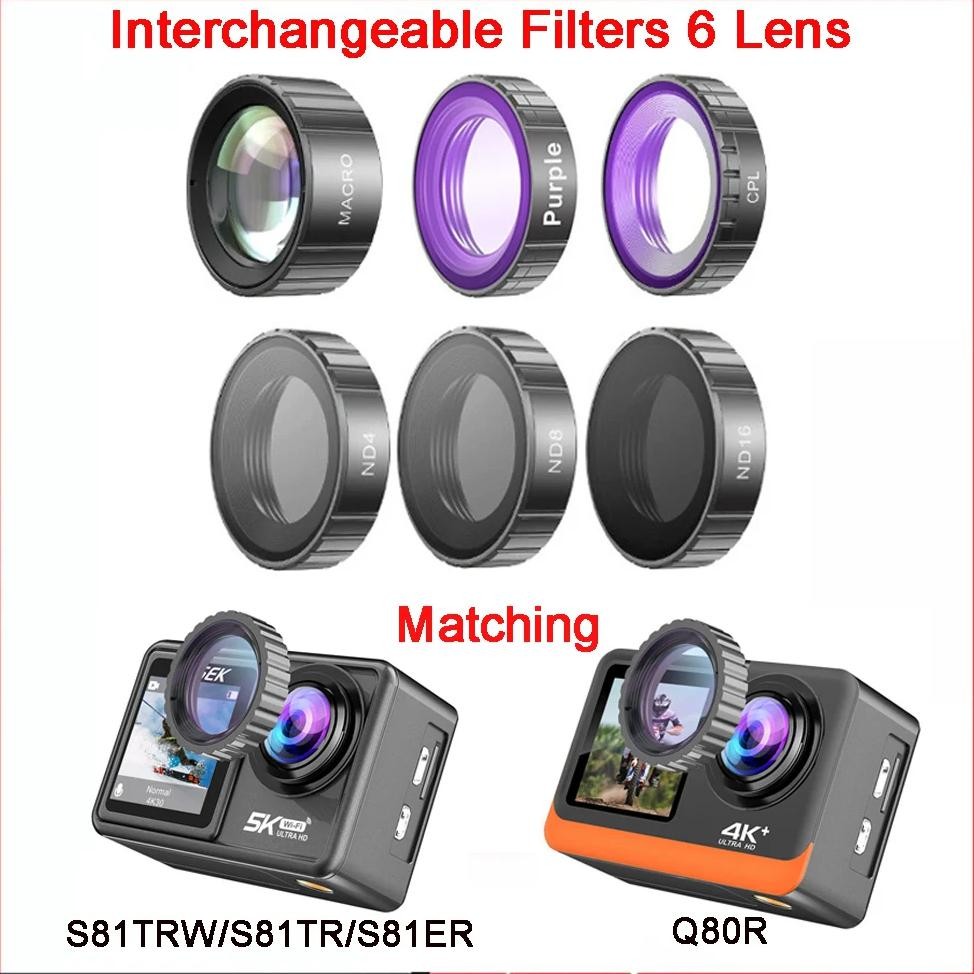 Interchangeable Filters 6 Lens Include /CPL(Polarizing)/Puple/Macro/ND4/ND8/ND16 Filter For Action C