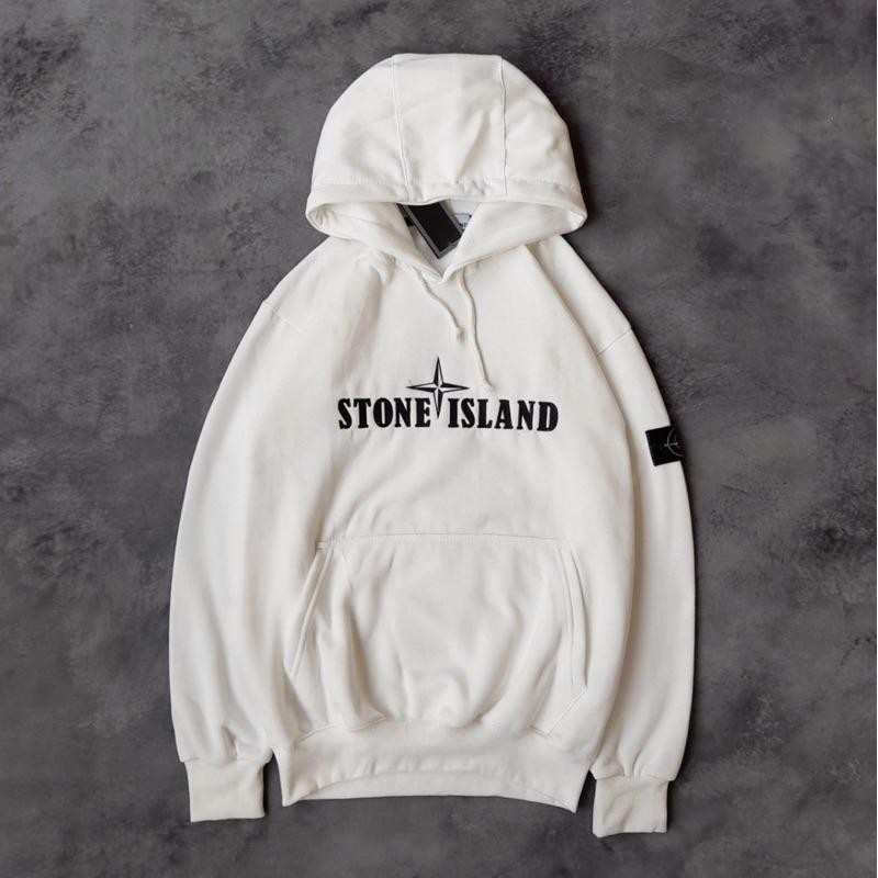 Hoodie Jaket Sweater Stone Island Putih Text Bordir Fulltag + Aksesoris Unisex Termurah Best Quality