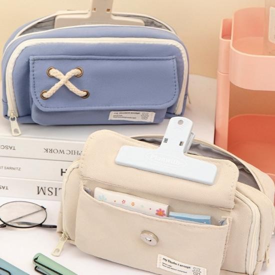 

HPT Tempat Pensil Model Pita Silang Kotak Pensil Tali Rami Ritsleting Ganda Bahan Kanvas Pouch Tempat Alat Tulis Perlengkapan Sekolah Kantor Dua Sisi Resleting