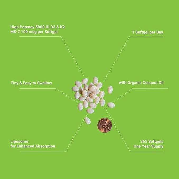 Upnourish Liposomal Vitamin D3 5000IU + K2 (MK-7) 100 Mcg Softgels USA