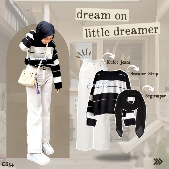 One Set 3in1 Outfit Hijab Sweater Stripe Rajut Celana Kulot Jeans Putih Hijab Segiempat CS34 Shenina