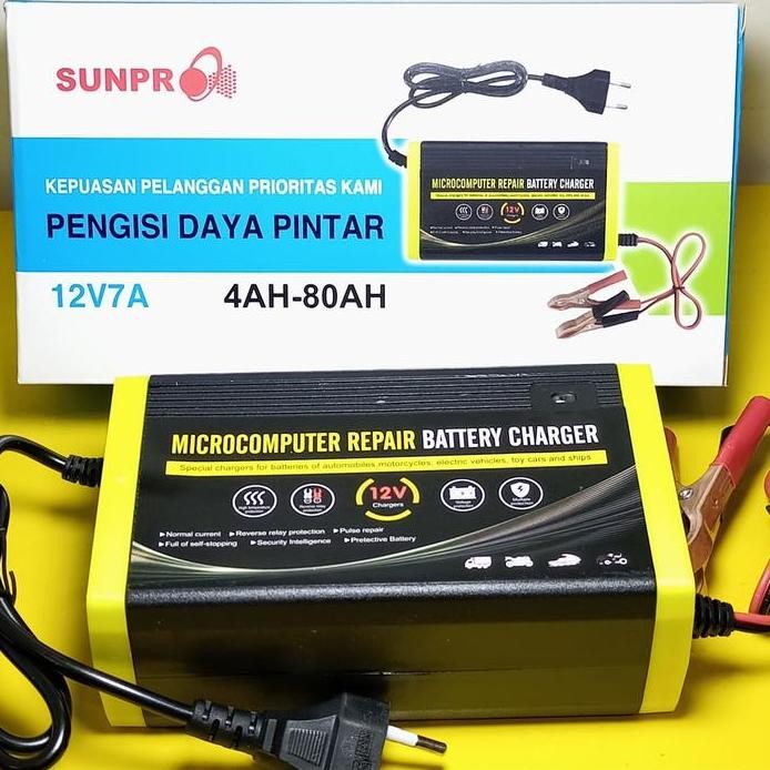 Charger Aki Sunpro cas aki motor mobil 12V 7A / Adaptor cas Aki 4AH-80Ah