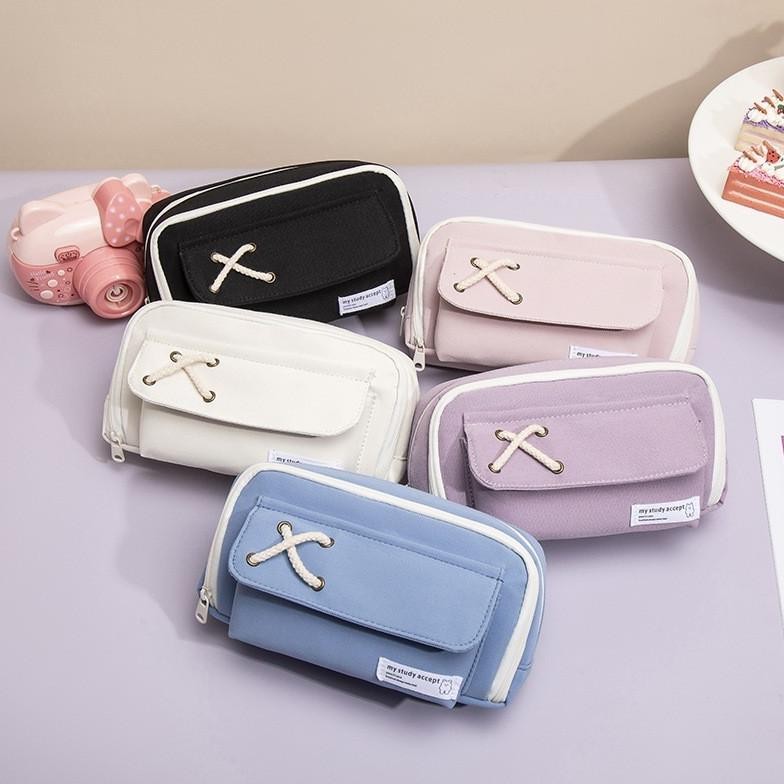 

HC Tempat Pensil Model Pita Silang Kotak Pensil Tali Rami Ritsleting Ganda Bahan Kanvas Pouch Tempat Alat Tulis Perlengkapan Sekolah Kantor Dua Sisi Resleting