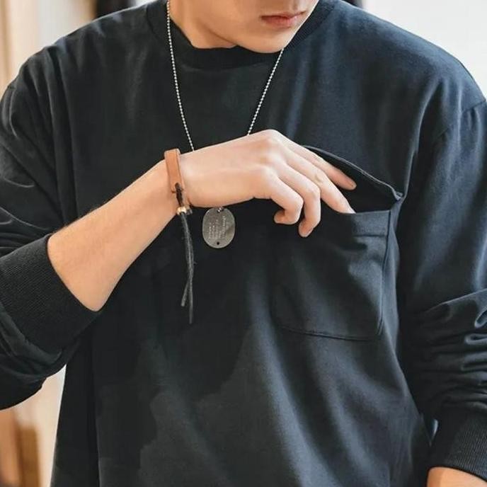 BARU Kaos Polos Pocket Oversize Pria Kaos Polos Long Sleeve Pocket T-shirt