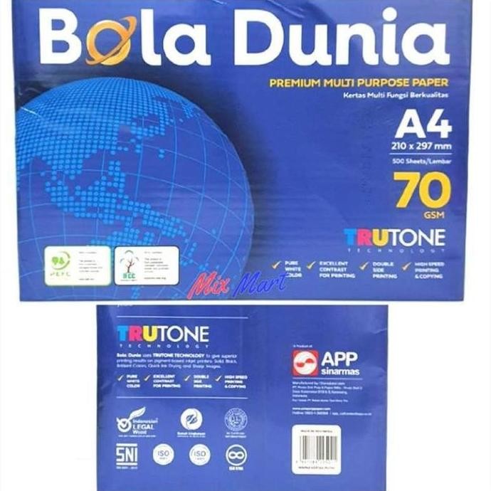 

Kertas HVS / Kertas Photocopy A4 70 gr Bola Dunia 1 rim