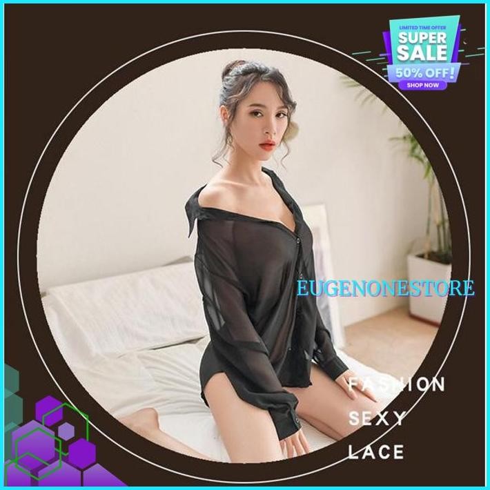KEMEJA BAJU TIDUR WANITA SEXY BAHAN SIFON VERSI KOREA KEMEJA TRANSPARAN LINGERIE A GRATIS ONGKIR