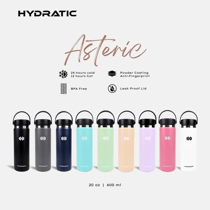 Tumbler Termos Hydratic Asteric 20Oz / 600Ml - Tahan Panas Dingin 12 - 24 Jam - (2 Tutup) Stainless 