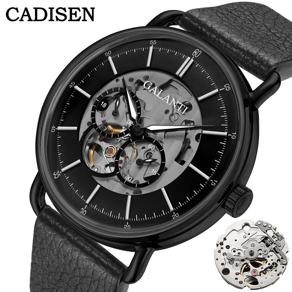 CADISEN Automatic Mechanical Men's Watch Stainless Steel Arched Glass Leather MIYOTA 82S7 Skeleton D