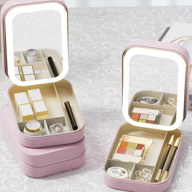 (Devan) Tas Makeup Lampu Led / Tas Kosmetik Dengan Cermin Lampu Led Tas Makeup Beauty Case / Full Mi