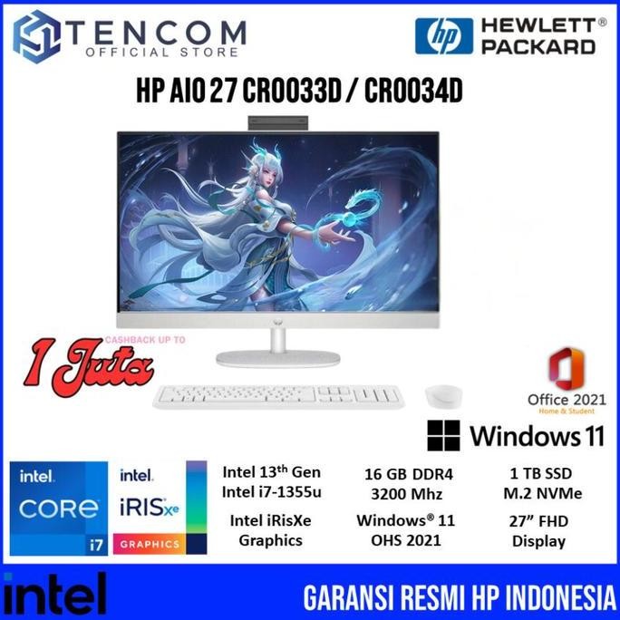 Hp Pc Aio 27 Cr0033D Cr0034D Touch Intel I7-1355U 16Gb 1Tb Ssd W11 Ohs Fhd New Stok